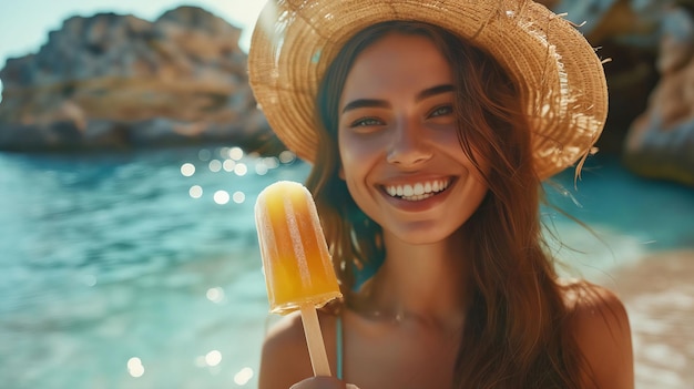 Una mujer sonriendo mientras sostiene un helado