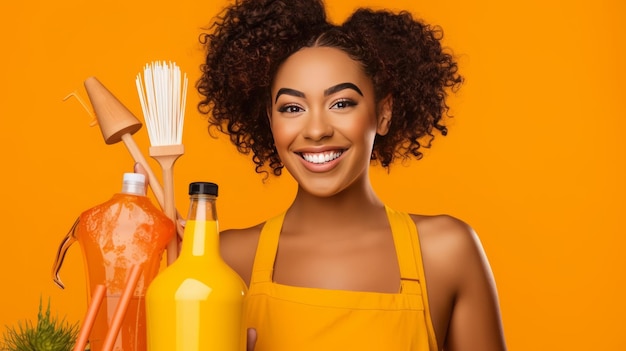 Mujer sonriendo mirando directamente a la cámara sosteniendo artículos de limpieza fondo naranja