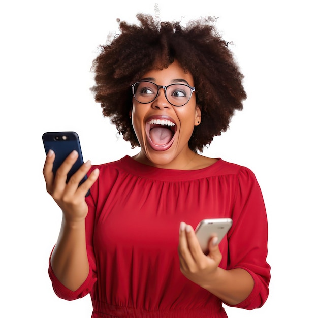 Una mujer sonriendo mirando su teléfono sin antecedentes