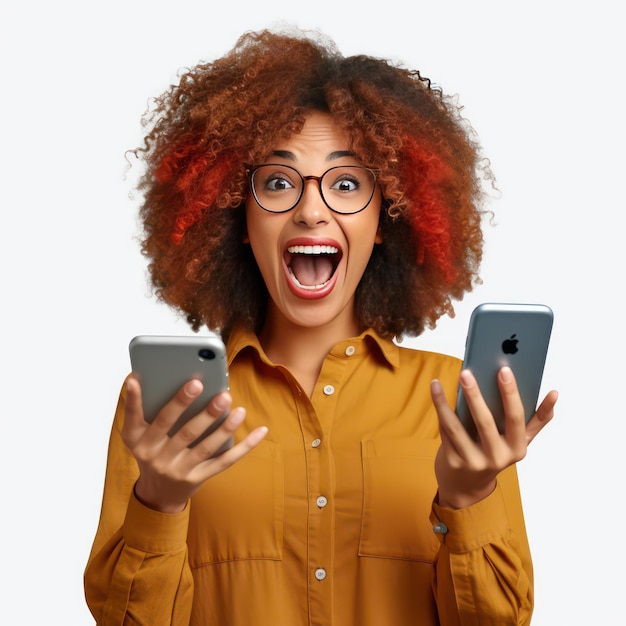 Una mujer sonriendo mirando su teléfono sin antecedentes