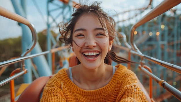 Mujer sonriendo en una montaña rusa