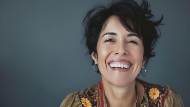 Una mujer sonriendo con los ojos cerrados