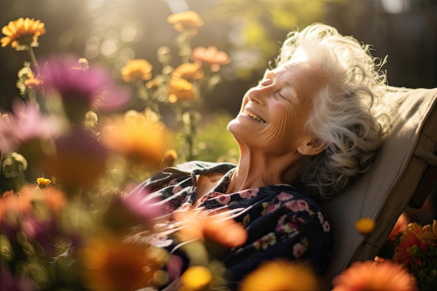 una mujer sonriendo con los ojos cerrados