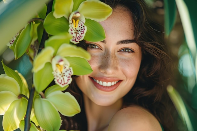 Foto mujer sonriendo con planta