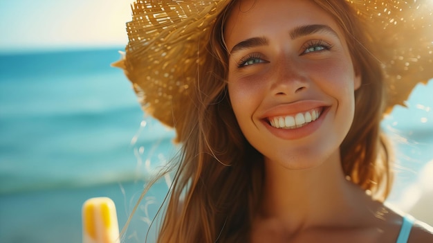 Una mujer sonriendo en la playa con un cono de helado