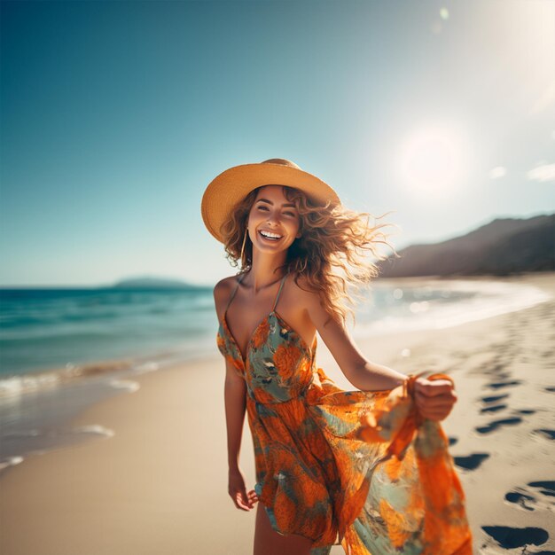 Foto mujer sonriendo en la playa con un hermoso vestido