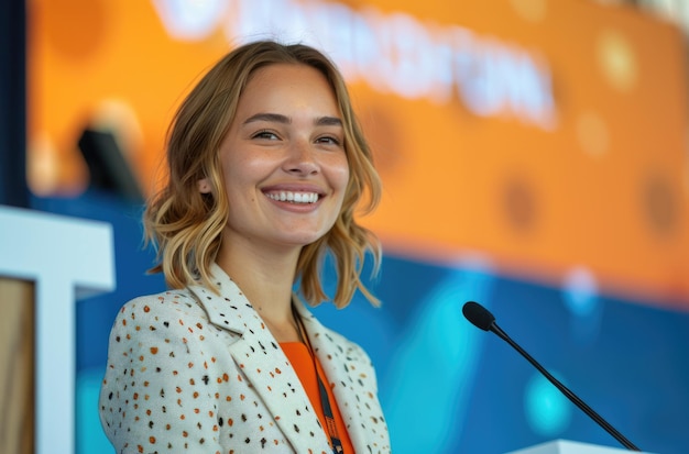 Mujer sonriendo en el podio