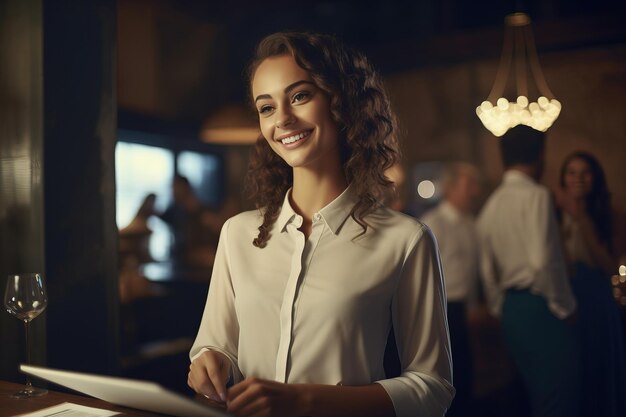 Foto una mujer está sonriendo la recepcionista en el restaurante está esperando a los invitados