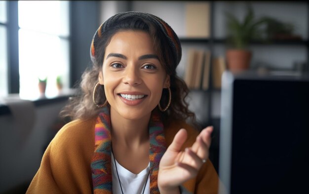 Foto una mujer está sonriendo y señalando algo.