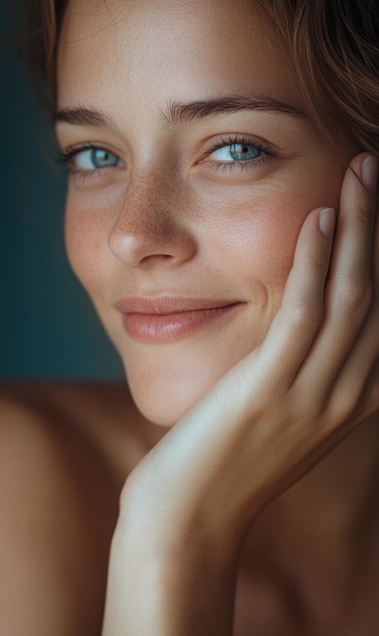 Mujer sonriendo suavemente suave y radiante piel primer plano mano tocando mejilla fondo vacío iluminación sutil elegancia espacio vacío