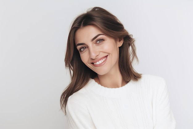 Mujer sonriendo con un suéter blanco sobre un fondo blanco IA generativa