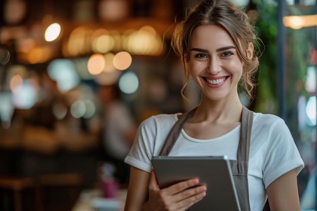 Mujer sonriendo con una tableta