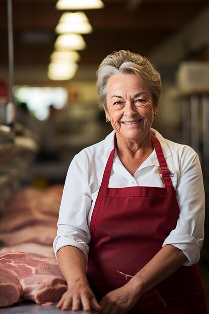 Foto una mujer sonriendo en una tienda con un delantal rojo