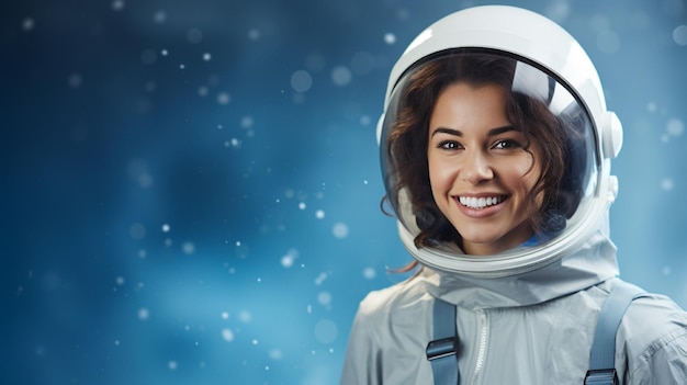 mujer sonriendo con uniforme de astronauta