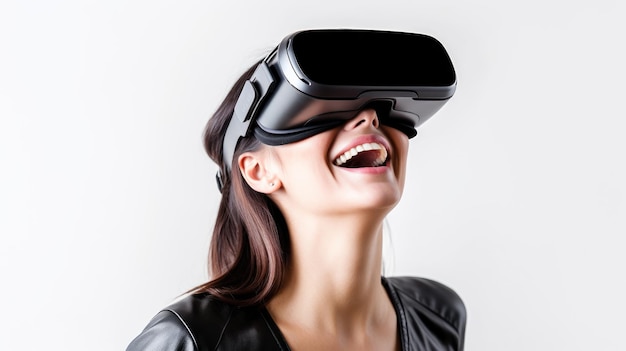Una mujer sonriente de 30 años con gafas de realidad virtual