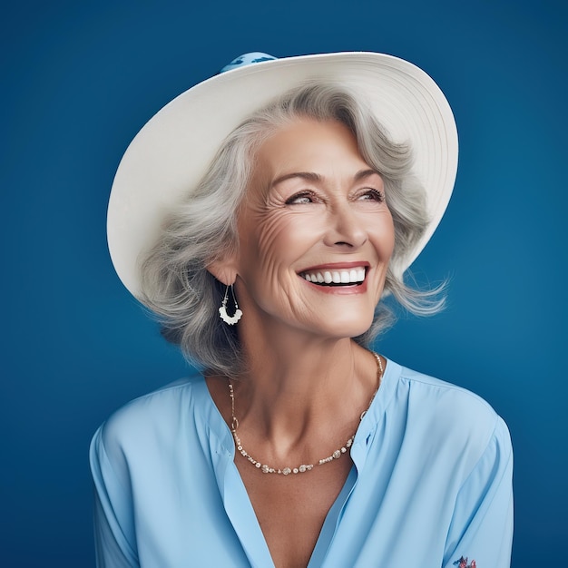 Mujer sonriente de 60 años con pelo gris sobre fondo azul Ai generativo