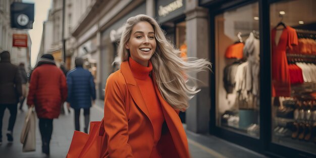 Mujer sonriente con abrigo naranja disfrutando del ambiente de la ciudad, moda urbana y estilo de vida, momento casual feliz capturado con IA