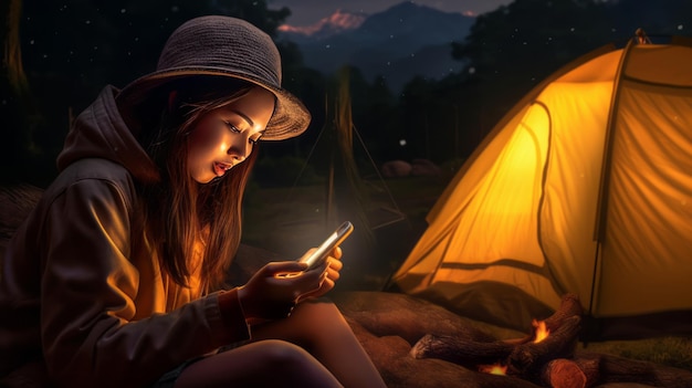 Mujer sonriente acampando por la noche usando el teléfono cerca del fuego y la tienda