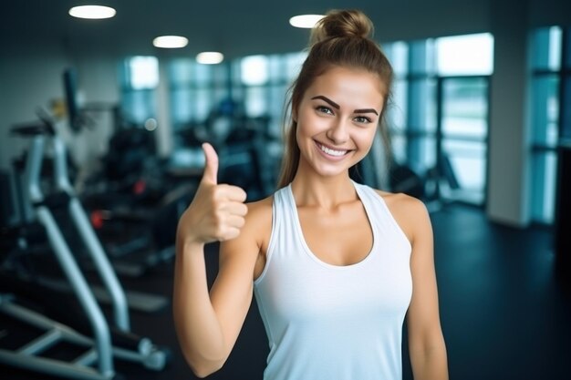 Mujer sonriente acondicionamiento físico y pulgares hacia arriba a la salud entrenamiento y entrenamiento para vivir un bienestar activo