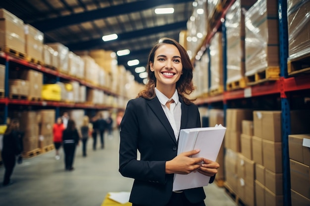 Foto mujer sonriente administrando el suministro de productos en el almacén del departamento de logística