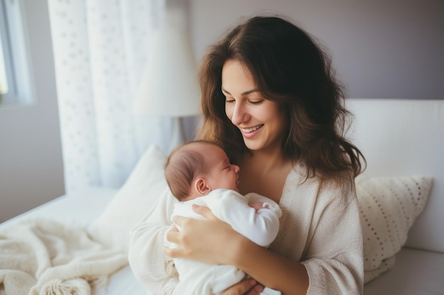 Foto una mujer sonriente amamantando a su bebé