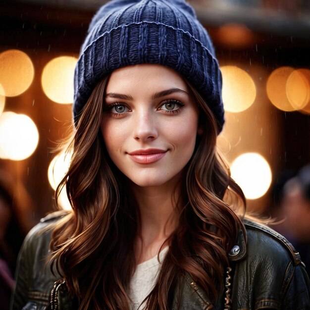 Una mujer sonriente y amigable con un Beanie, un artículo de moda.