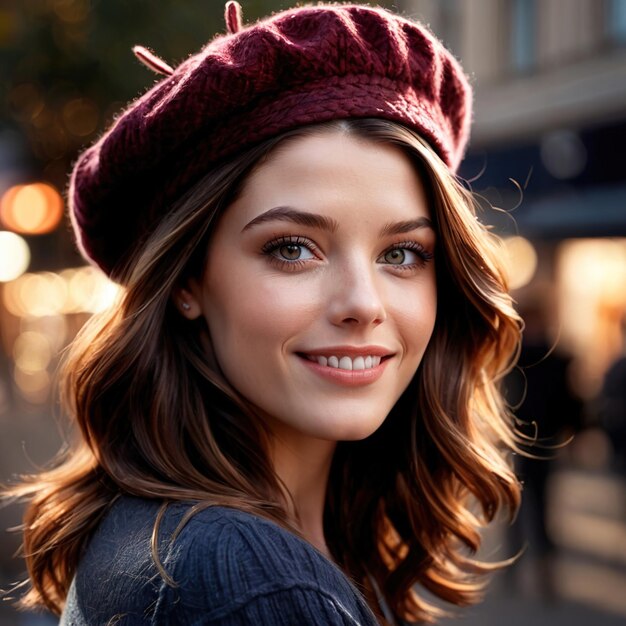 Una mujer sonriente y amigable con una boina es un artículo de moda.