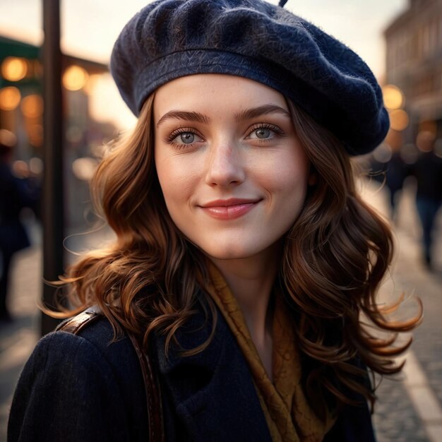 Una mujer sonriente y amigable con una boina es un artículo de moda.