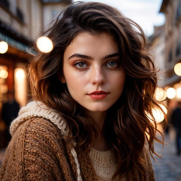 Una mujer sonriente y amigable con un jumper, un artículo de moda.