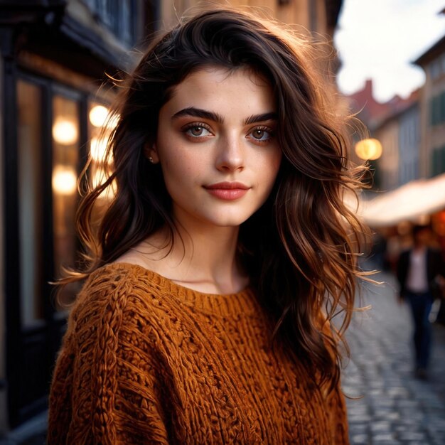 Una mujer sonriente y amigable con un jumper, un artículo de moda.