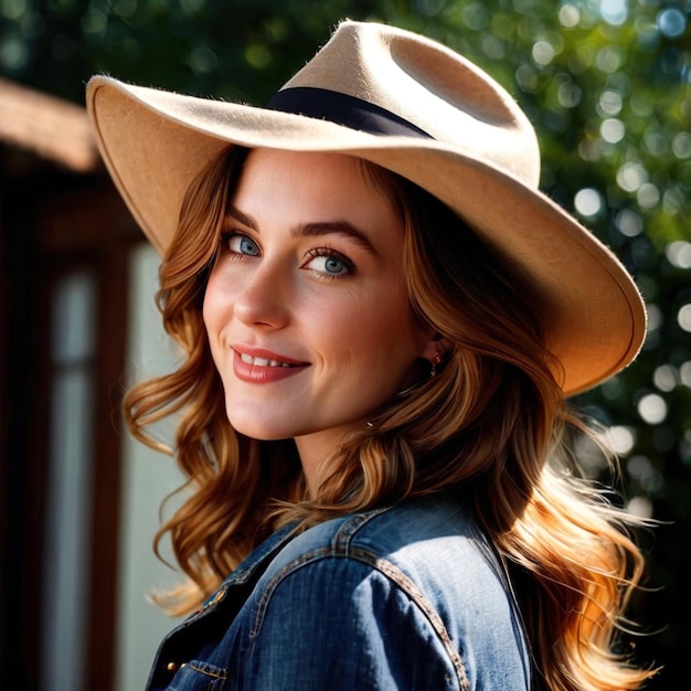 Foto una mujer sonriente y amigable con un sombrero retro vintage.