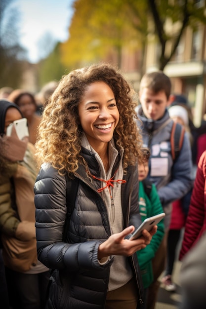 Una mujer sonriente de ascendencia africana está de pie en una multitud de personas y sostiene un teléfono inteligente