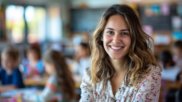 una mujer sonriente en un aula con otros estudiantes en el fondo