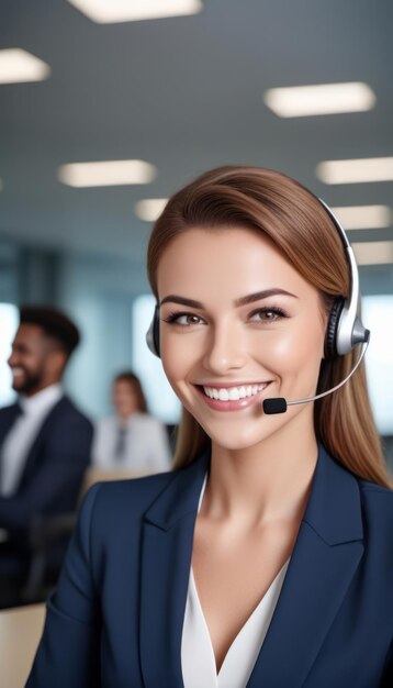 Mujer sonriente con auriculares en un centro de llamadas