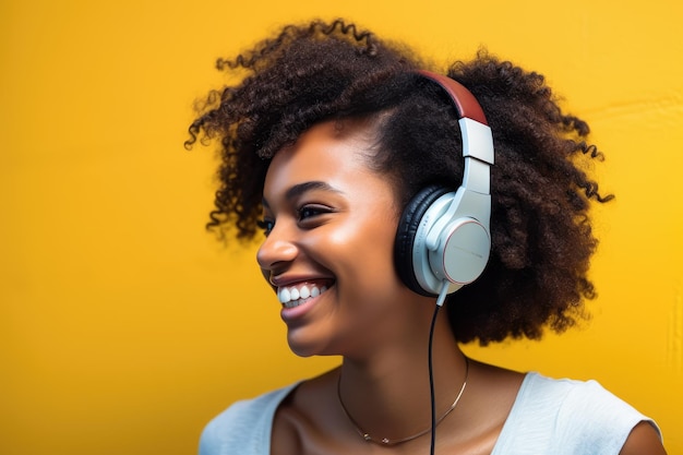 Mujer sonriente con auriculares de fondo amarillo feliz mujer afroamericana
