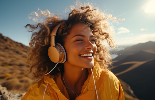 Una mujer sonriente con auriculares se toma una selfie mientras escucha música