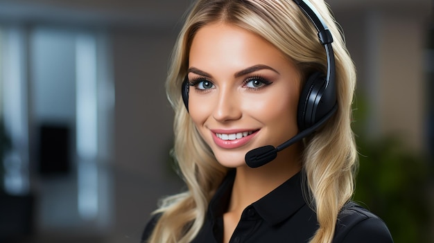 Mujer sonriente con auriculares trabajando en un centro de llamadas Una chica con un micrófono y auriculares consulta a los clientes