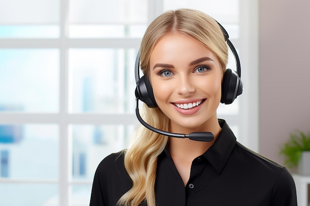 Mujer sonriente con auriculares trabajando en un centro de llamadas Una chica con un micrófono y auriculares consulta a los clientes