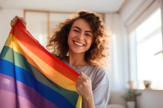 Mujer sonriente con bandera del arco iris Feliz activista sosteniendo la bandera LGBT