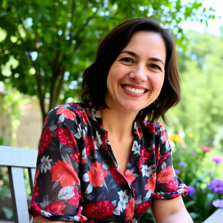Mujer sonriente con una blusa floral sentada en un jardín