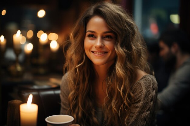 Mujer sonriente de buen humor disfrutando de café sentada en un generador de café IA