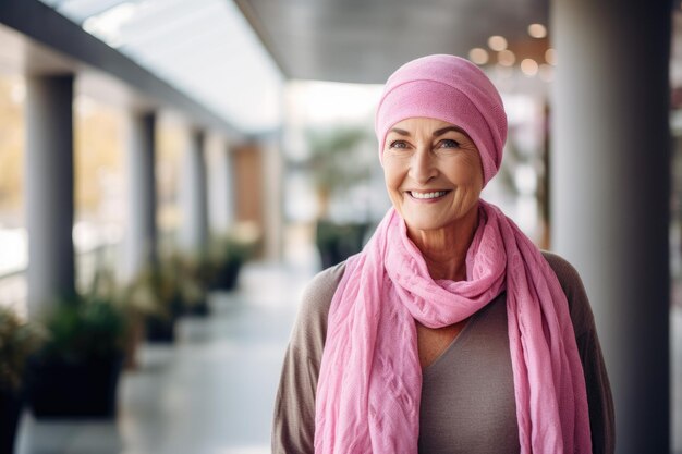 Mujer sonriente con bufanda rosa luchando contra el cáncer