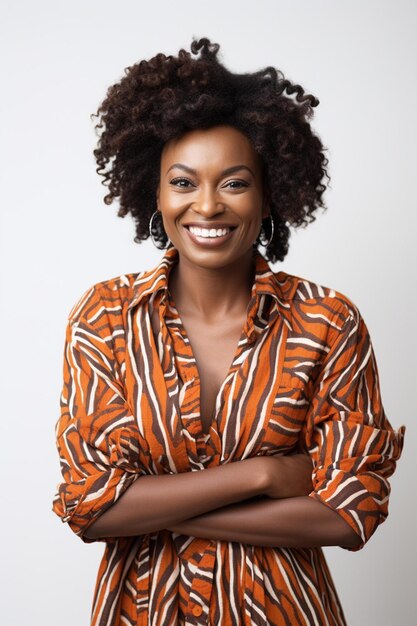 Foto mujer sonriente con cabello afro con camisa y pendientes