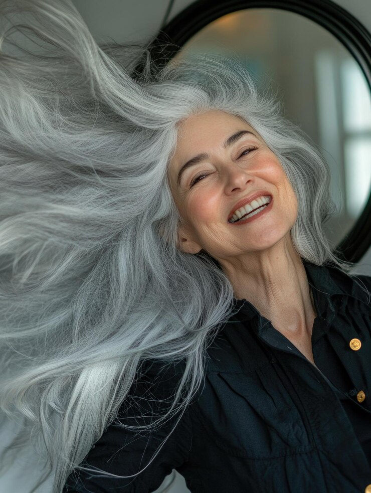 Una mujer sonriente de cabello gris está de pie frente a un espejo mirando su reflejo