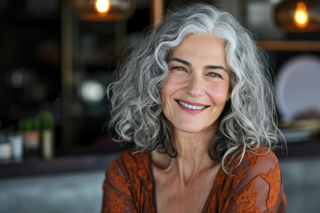 Mujer sonriente con el cabello gris