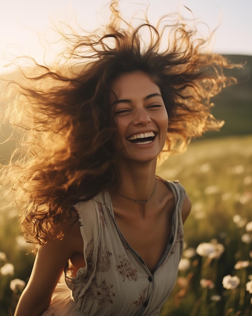 Foto mujer sonriente cabello largo flores de campo brisa del mar se eleva ventas de aire cara cuerpo piel éxtasis oliva