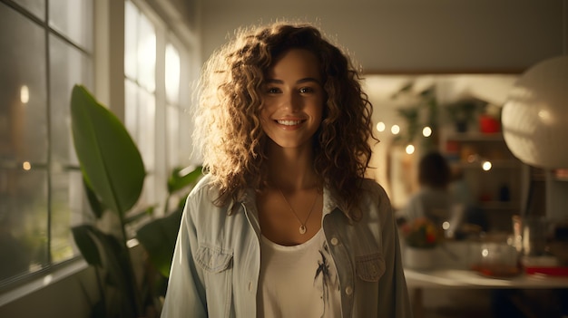 mujer sonriente con cabello rizado parada en una habitación con ventana IA generativa