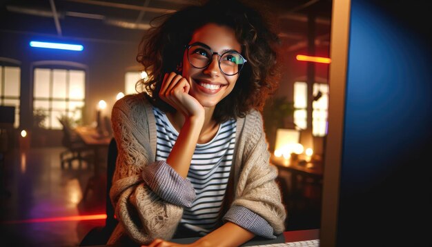 Una mujer sonriente de cabello rizado que usa gafas está disfrutando de la vibrante atmósfera en un restaurante que brilla con luces de neón