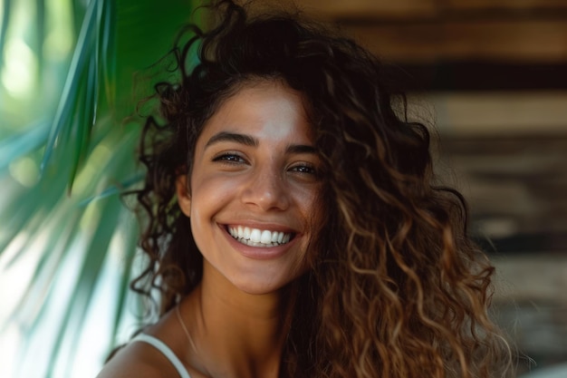 Mujer sonriente con el cabello rizado