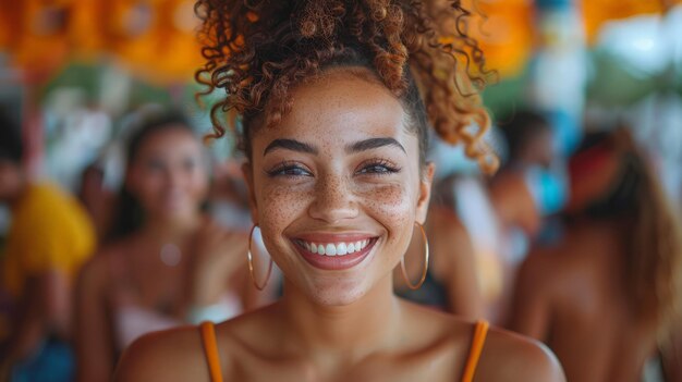 Mujer sonriente con el cabello rizado